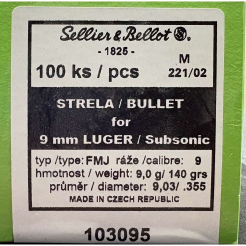 Ogives Sellier & bellot 9mm subsonic 140grs x100