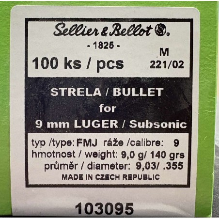 Ogives Sellier & bellot 9mm subsonic 140grs x100