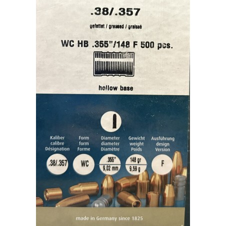 Ogives H&N sport calibre .38/.357 WC Graisses 355 diam 148gr x500
