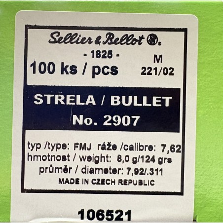 Ogives Sellier & Bellot calibre 7.62x39 FMJ 8g 123grs x100