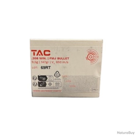 Cartouches GECO TAC calibre 308Win FMJ 9.5g 147gr x20