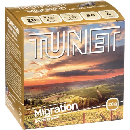 CARTOUCHES TUNET MIGRATION CALIBRE 20/70 PLOMB n°10 bourre grasse x25