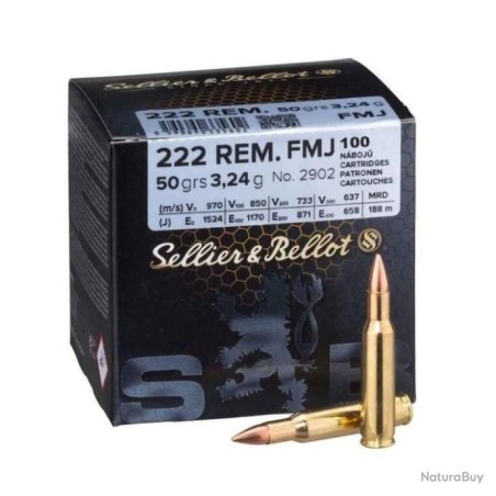 Cartouches Sellier & Bellot calibre 222rem FMJ 50gr 3.24g x100