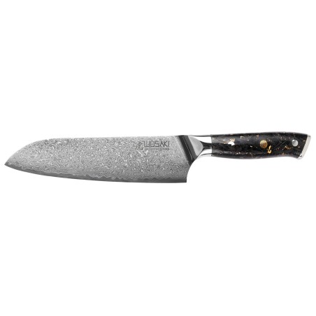 Couteau santoku Wusaki Sakin Damas 10Cr 17cm manche en fibre de carbone et feuille d'or