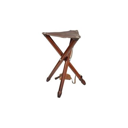 Trépied Siége bois 65cm dessus cuir marron avec bretelle