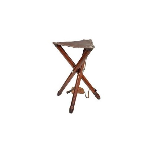 Trépied Siége bois 65cm dessus cuir marron avec...