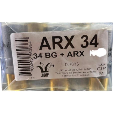 Cartouches JOCKER ARX 34 calibre 12/70 34g Bourre grasse + arx n°8 x25